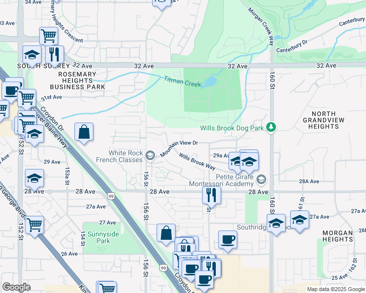 map of restaurants, bars, coffee shops, grocery stores, and more near 15708 Mountain View Drive in Surrey