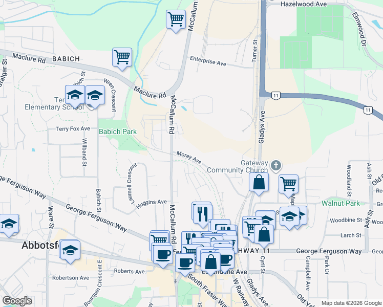 map of restaurants, bars, coffee shops, grocery stores, and more near 33675 Morey Avenue in Abbotsford