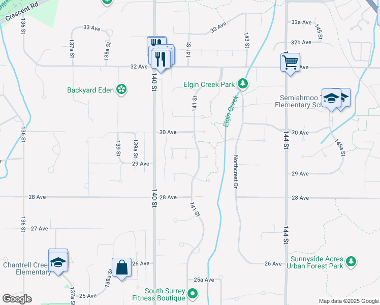 map of restaurants, bars, coffee shops, grocery stores, and more near 14088 29A Avenue in Surrey