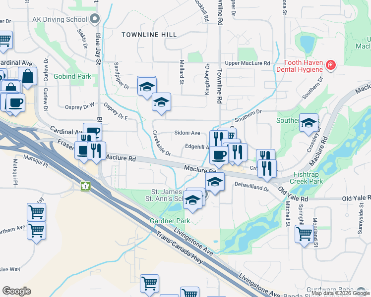 map of restaurants, bars, coffee shops, grocery stores, and more near 2930 Edgehill Avenue in Abbotsford