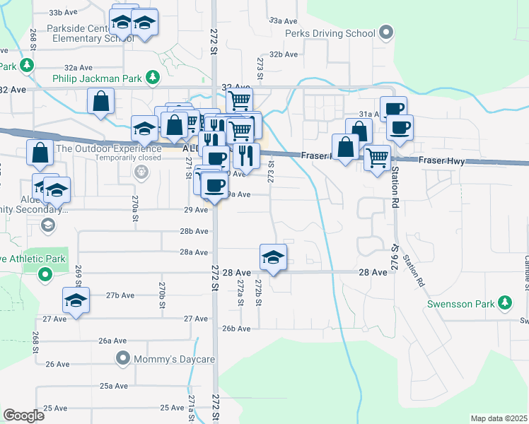 map of restaurants, bars, coffee shops, grocery stores, and more near 27283 29 Avenue in Langley
