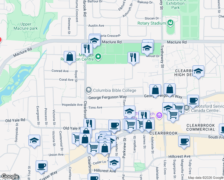 map of restaurants, bars, coffee shops, grocery stores, and more near 2929 Tims Street in Abbotsford