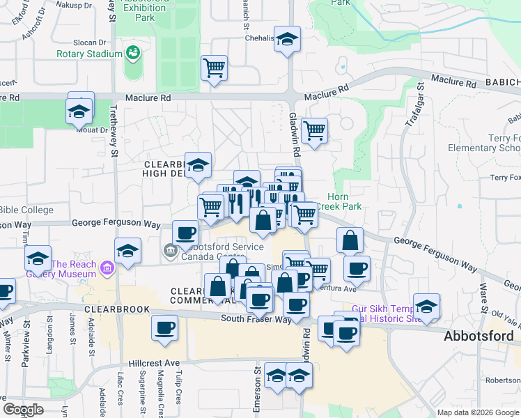 map of restaurants, bars, coffee shops, grocery stores, and more near 32725 George Ferguson Way in Abbotsford
