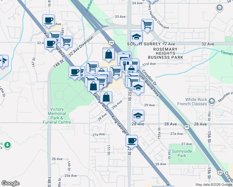 map of restaurants, bars, coffee shops, grocery stores, and more near 3037 152 Street in Surrey