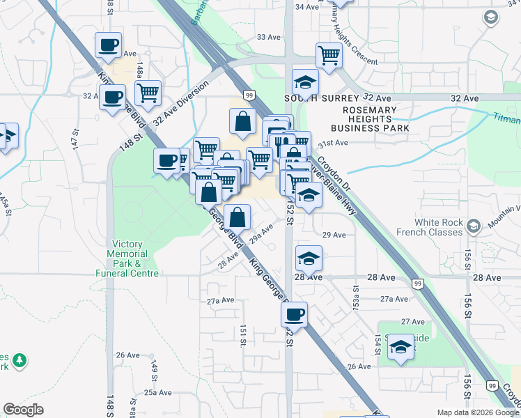 map of restaurants, bars, coffee shops, grocery stores, and more near 2999 151 Street in Surrey