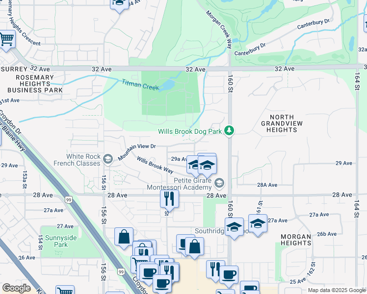 map of restaurants, bars, coffee shops, grocery stores, and more near 15868 Mountain View Drive in Surrey