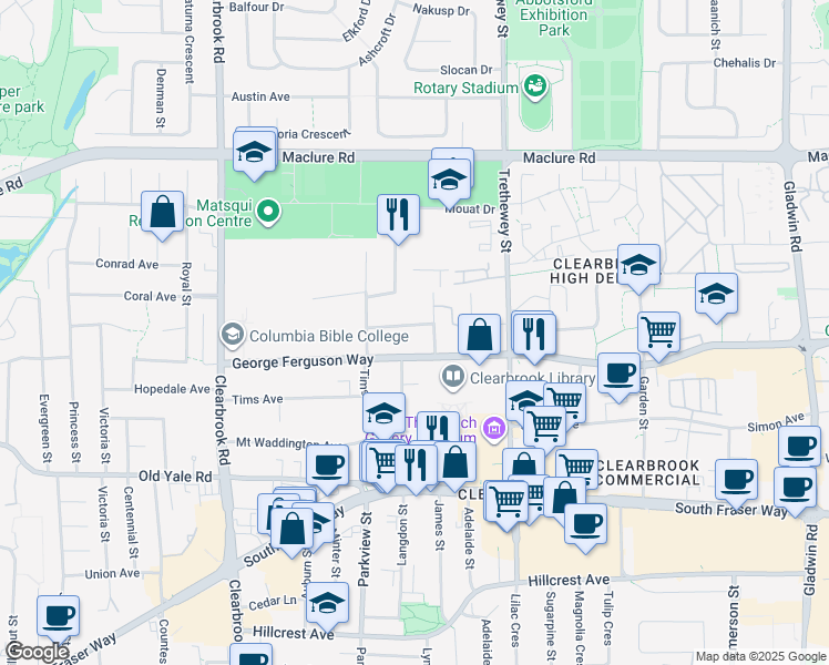 map of restaurants, bars, coffee shops, grocery stores, and more near 32270 Granite Avenue in Abbotsford