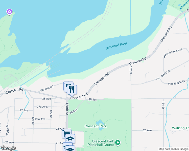map of restaurants, bars, coffee shops, grocery stores, and more near 13005 Crescent Road in Surrey