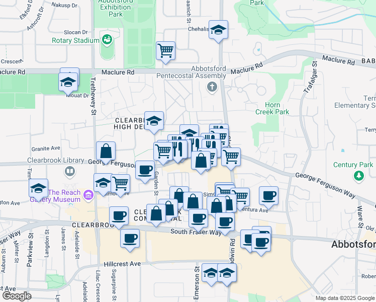 map of restaurants, bars, coffee shops, grocery stores, and more near 32669 George Ferguson Way in Abbotsford