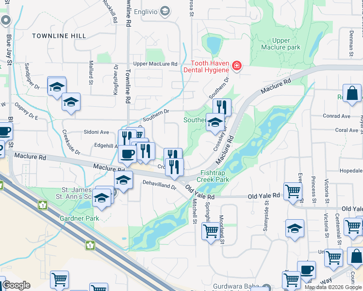 map of restaurants, bars, coffee shops, grocery stores, and more near 2977 Southern Crescent in Abbotsford