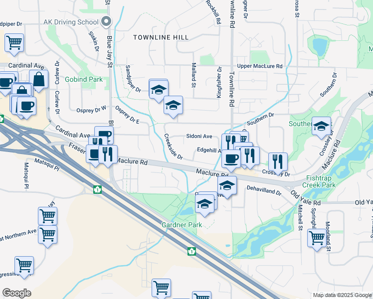 map of restaurants, bars, coffee shops, grocery stores, and more near 2940 Sidoni Place in Abbotsford