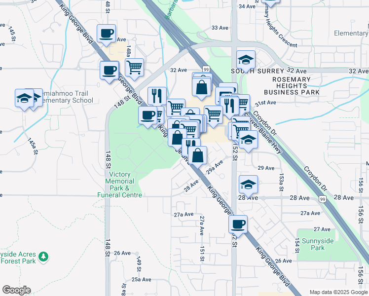 map of restaurants, bars, coffee shops, grocery stores, and more near 2950 King George Boulevard in Surrey