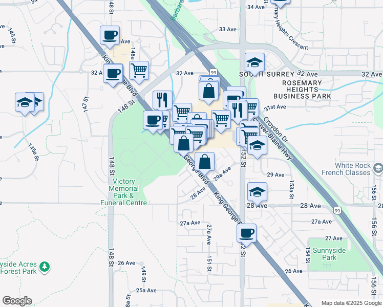 map of restaurants, bars, coffee shops, grocery stores, and more near 2950 King George Boulevard in Surrey