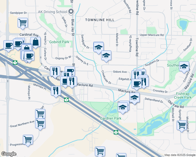 map of restaurants, bars, coffee shops, grocery stores, and more near 2934 Osprey Drive East in Abbotsford