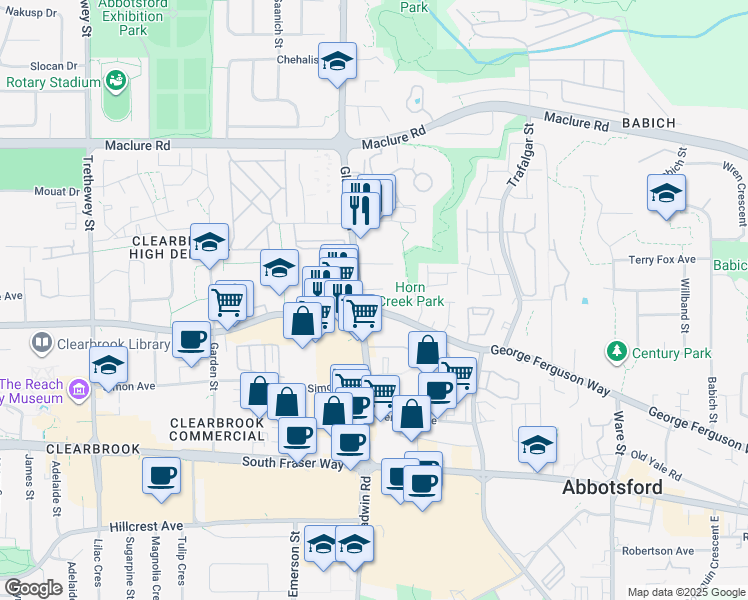 map of restaurants, bars, coffee shops, grocery stores, and more near 2970 Gladwin Road in Abbotsford