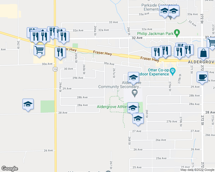 map of restaurants, bars, coffee shops, grocery stores, and more near 26677 29 Avenue in Langley Township
