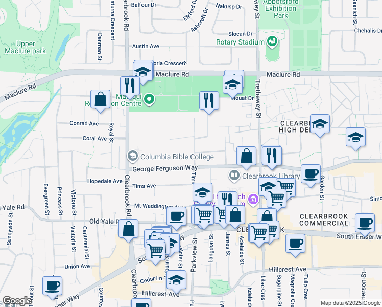 map of restaurants, bars, coffee shops, grocery stores, and more near 2959 Tims Street in Abbotsford
