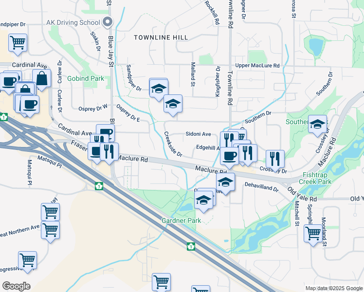 map of restaurants, bars, coffee shops, grocery stores, and more near 2925 Sidoni Place in Abbotsford