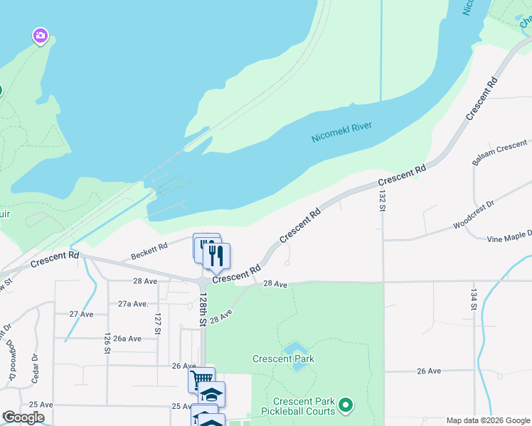 map of restaurants, bars, coffee shops, grocery stores, and more near 12969 Crescent Road in Surrey