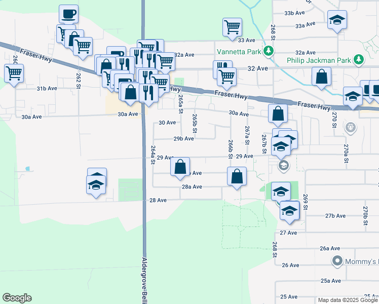 map of restaurants, bars, coffee shops, grocery stores, and more near 26541 29 Avenue in Langley Township