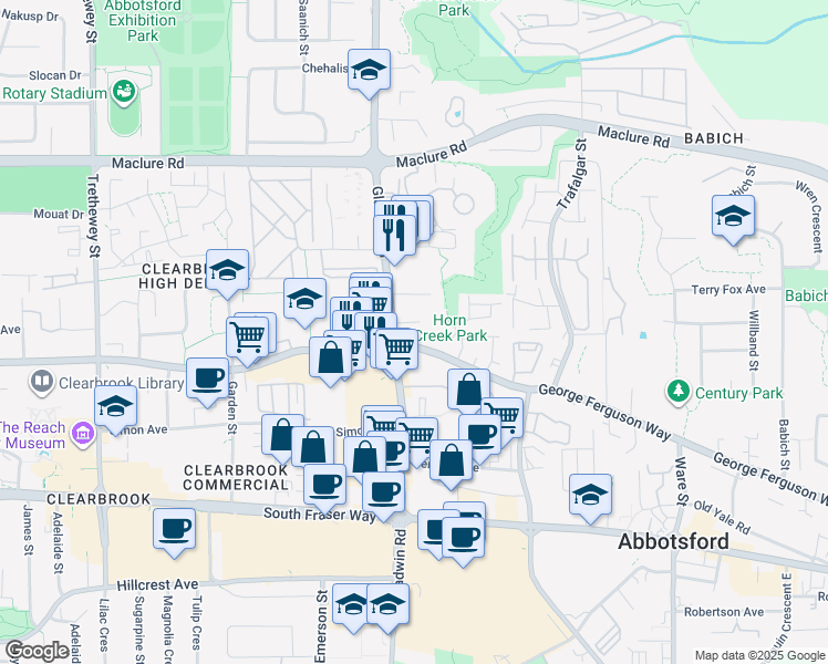 map of restaurants, bars, coffee shops, grocery stores, and more near 32815 George Ferguson Way in Abbotsford