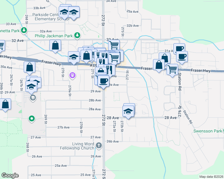 map of restaurants, bars, coffee shops, grocery stores, and more near 27245 29 Avenue in Langley Township