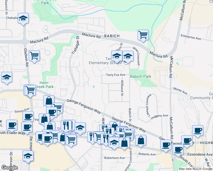 map of restaurants, bars, coffee shops, grocery stores, and more near 33234 Meadowlands Avenue in Abbotsford
