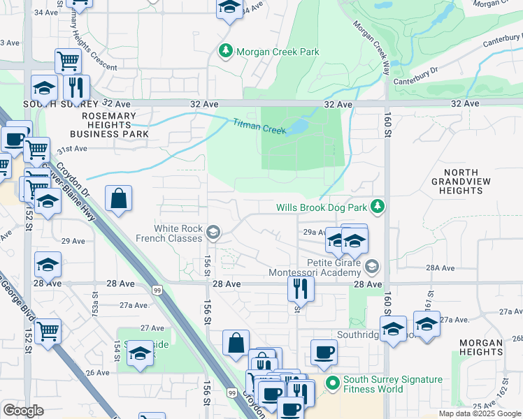 map of restaurants, bars, coffee shops, grocery stores, and more near in Surrey