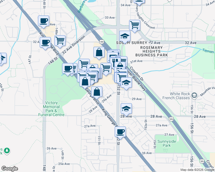 map of restaurants, bars, coffee shops, grocery stores, and more near 3037 152 Street in Surrey