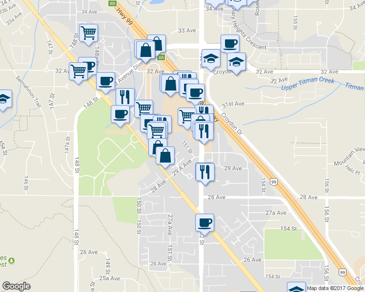 map of restaurants, bars, coffee shops, grocery stores, and more near 3037 152 Street in Surrey