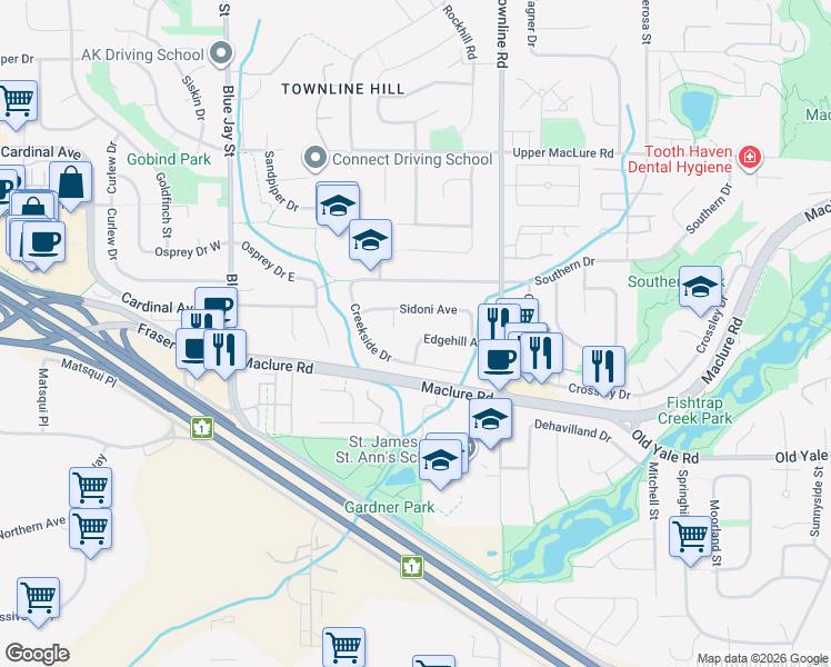 map of restaurants, bars, coffee shops, grocery stores, and more near 2941 Edgehill Avenue in Abbotsford