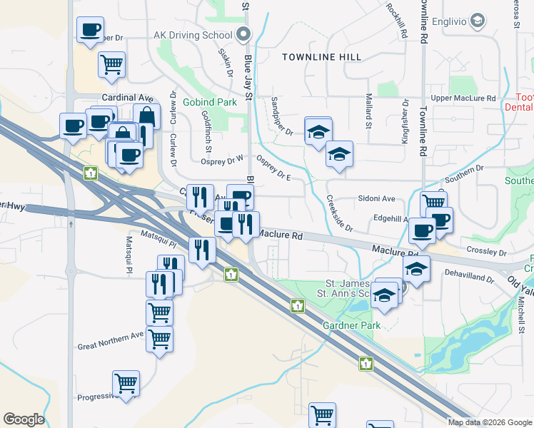 map of restaurants, bars, coffee shops, grocery stores, and more near 2950 Blue Jay Street in Abbotsford