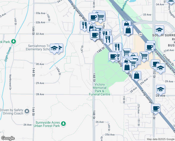 map of restaurants, bars, coffee shops, grocery stores, and more near 2957 147A Street in Surrey