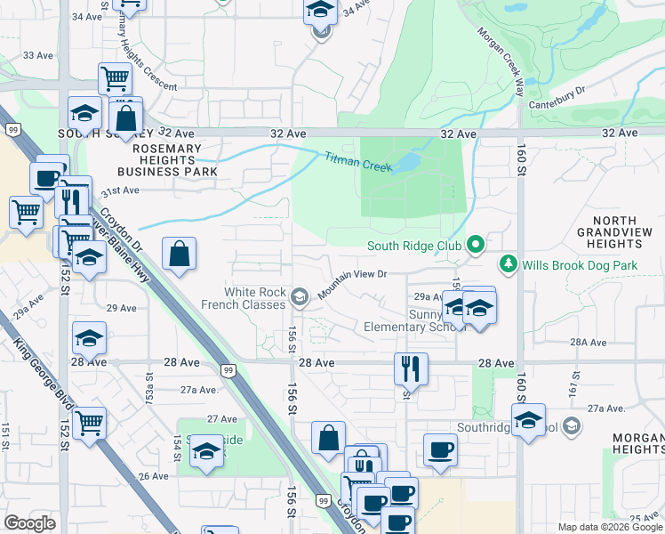 map of restaurants, bars, coffee shops, grocery stores, and more near 15665 Mountain View Drive in Surrey