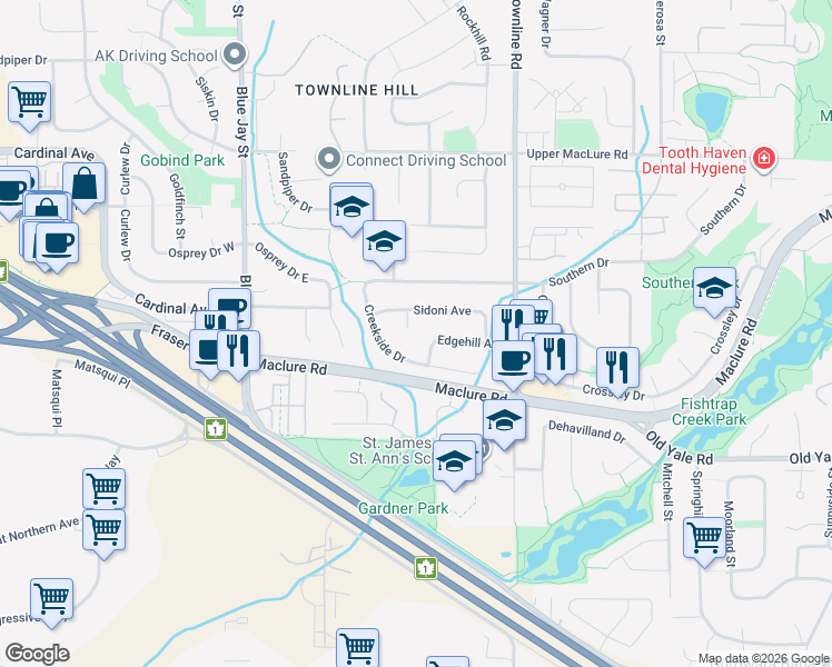 map of restaurants, bars, coffee shops, grocery stores, and more near 2952 Sidoni Place in Abbotsford