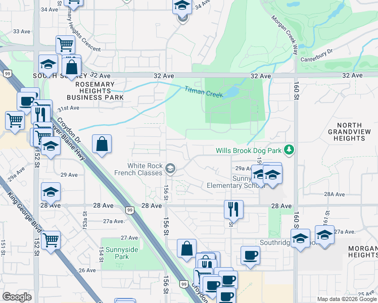 map of restaurants, bars, coffee shops, grocery stores, and more near 15665 Mountain View Drive in Surrey