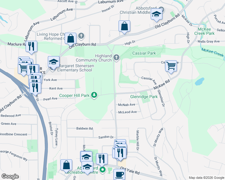 map of restaurants, bars, coffee shops, grocery stores, and more near 34822 Gleneagles Place in Abbotsford
