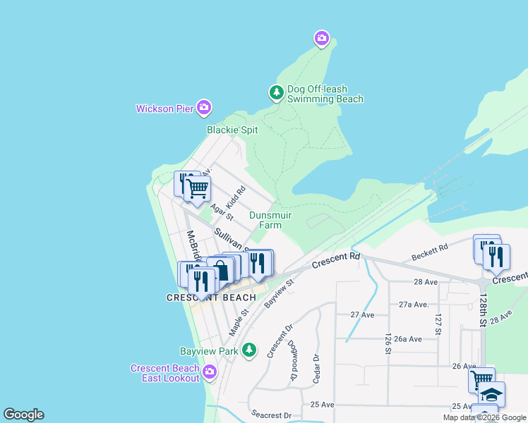 map of restaurants, bars, coffee shops, grocery stores, and more near 12305 Gardiner Street in Surrey
