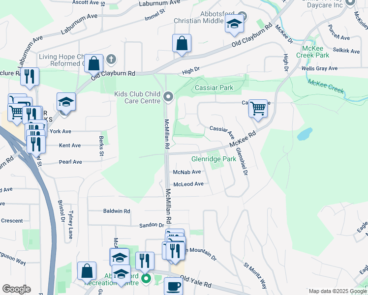 map of restaurants, bars, coffee shops, grocery stores, and more near 34860 Gleneagles Place in Abbotsford