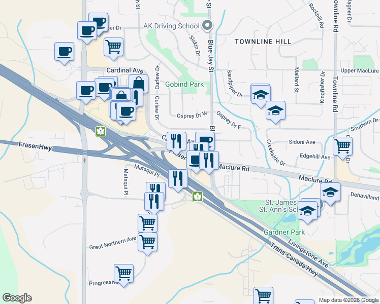 map of restaurants, bars, coffee shops, grocery stores, and more near 30748 Cardinal Avenue in Abbotsford