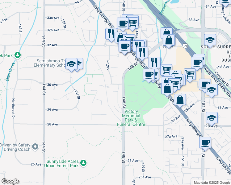 map of restaurants, bars, coffee shops, grocery stores, and more near 2957 147A Street in Surrey