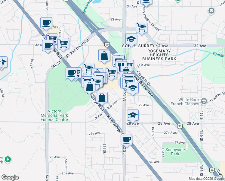 map of restaurants, bars, coffee shops, grocery stores, and more near 3037 152 Street in Surrey