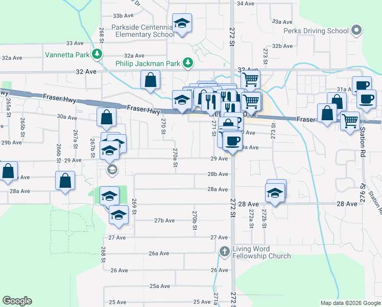 map of restaurants, bars, coffee shops, grocery stores, and more near 2977 270B Street in Langley