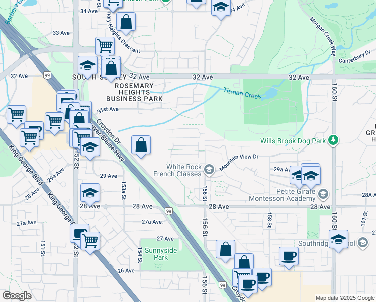 map of restaurants, bars, coffee shops, grocery stores, and more near 2979 156 Street in Surrey