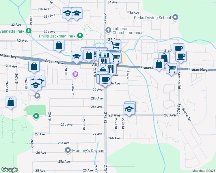 map of restaurants, bars, coffee shops, grocery stores, and more near 2936 272 Street in Langley Township