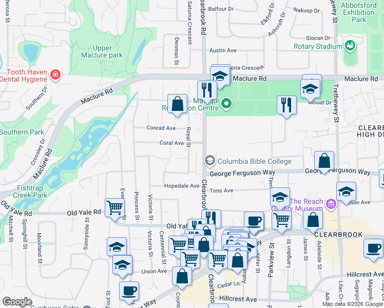 map of restaurants, bars, coffee shops, grocery stores, and more near 2960 Royal Street in Abbotsford