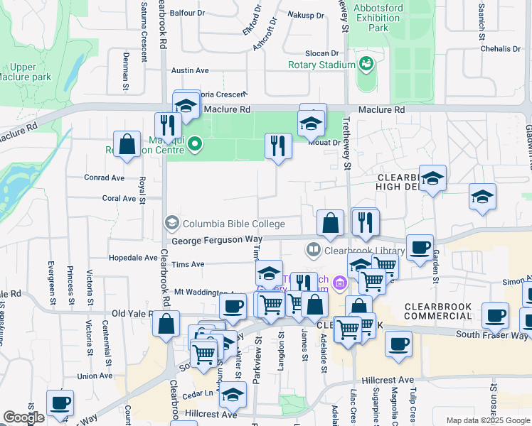 map of restaurants, bars, coffee shops, grocery stores, and more near 32213 Granite Avenue in Abbotsford
