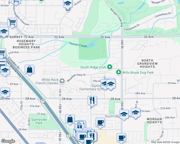 map of restaurants, bars, coffee shops, grocery stores, and more near 15775 Mountain View Drive in Surrey