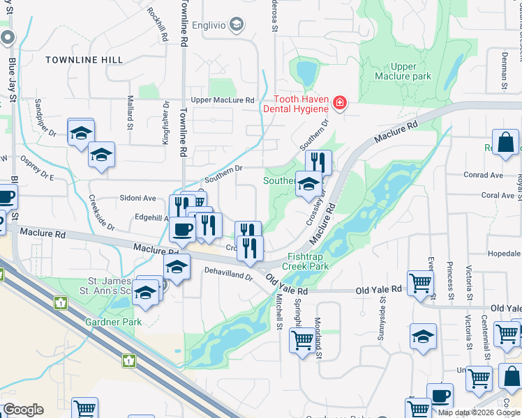 map of restaurants, bars, coffee shops, grocery stores, and more near 2983 Southern Crescent in Abbotsford