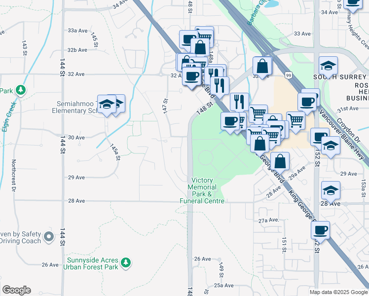 map of restaurants, bars, coffee shops, grocery stores, and more near 2966 147A Street in Surrey